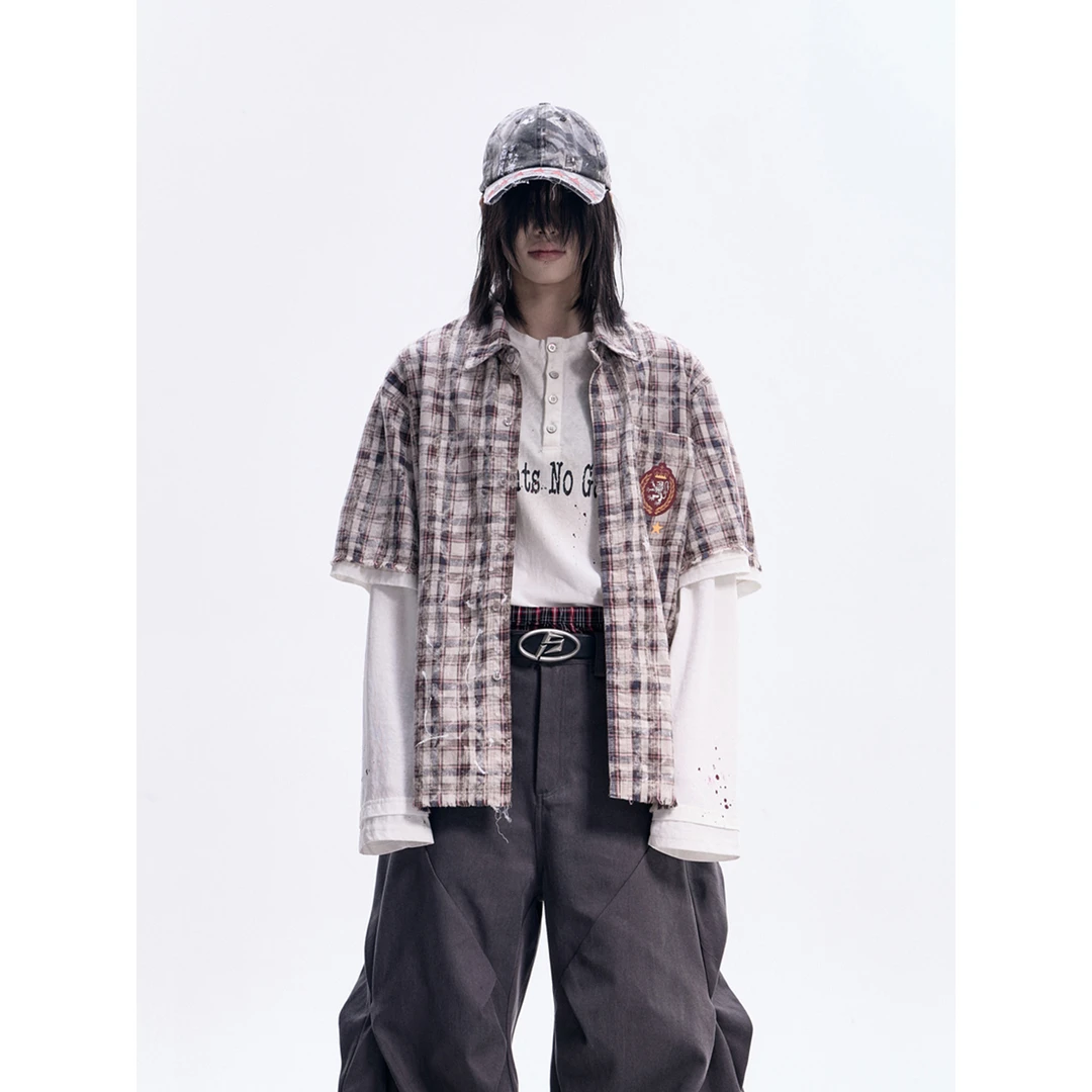 PEOPLESENSE 格纹毛边假两件拼接POLO领衬衫复古时尚宽松短袖上衣