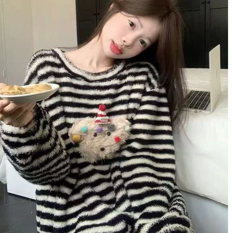 冬季新款加厚软绵绵睡衣女圣诞狗连帽条纹半边绒可外穿家居服套装