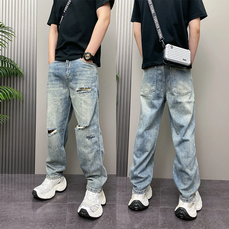 2025春夏季新款美式休闲复古风百搭破洞透气超柔纱线宽松直筒潮牌