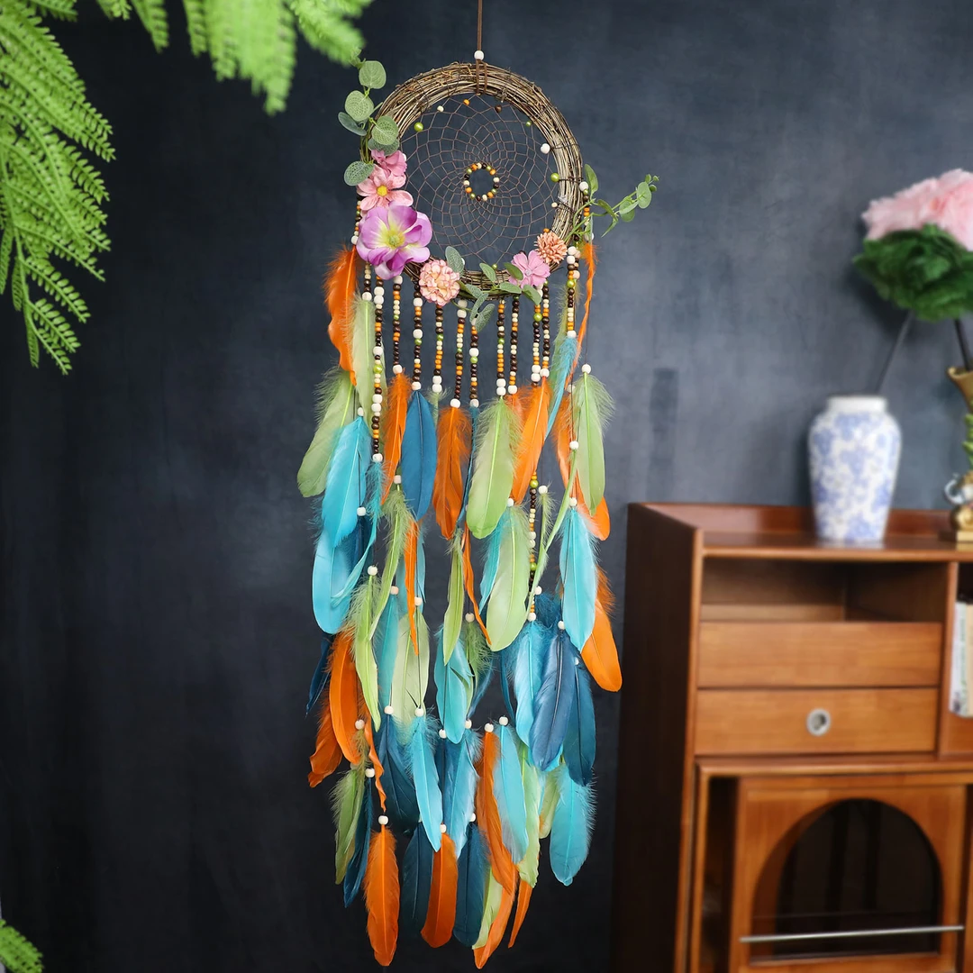 彩羽繁华藤编原创手工轻奢捕梦网挂件羽毛摆件