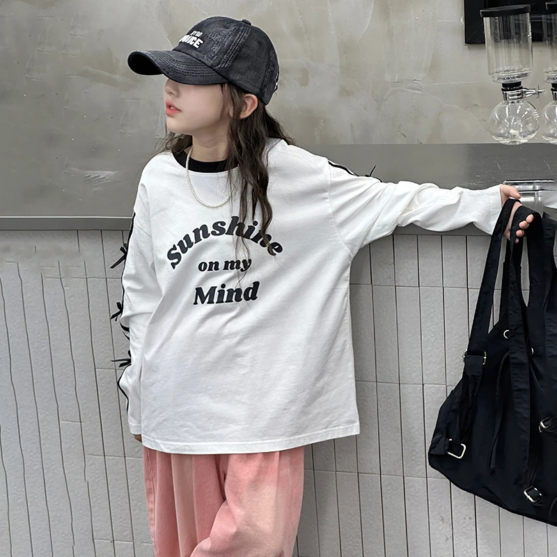 女童时尚百搭潮流上衣春秋款2025新款女大童t恤长袖初中生打底衫