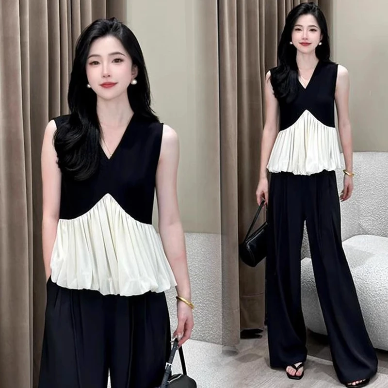 时尚套装女2025夏季新款高级感法式V领无袖拼接上衣阔腿裤两件套