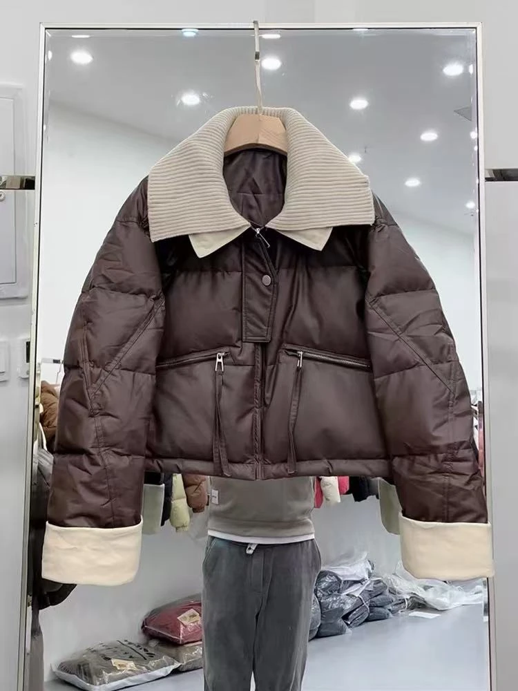 静姐~立领针织领加厚拼接保暖白鸭羽绒服25152