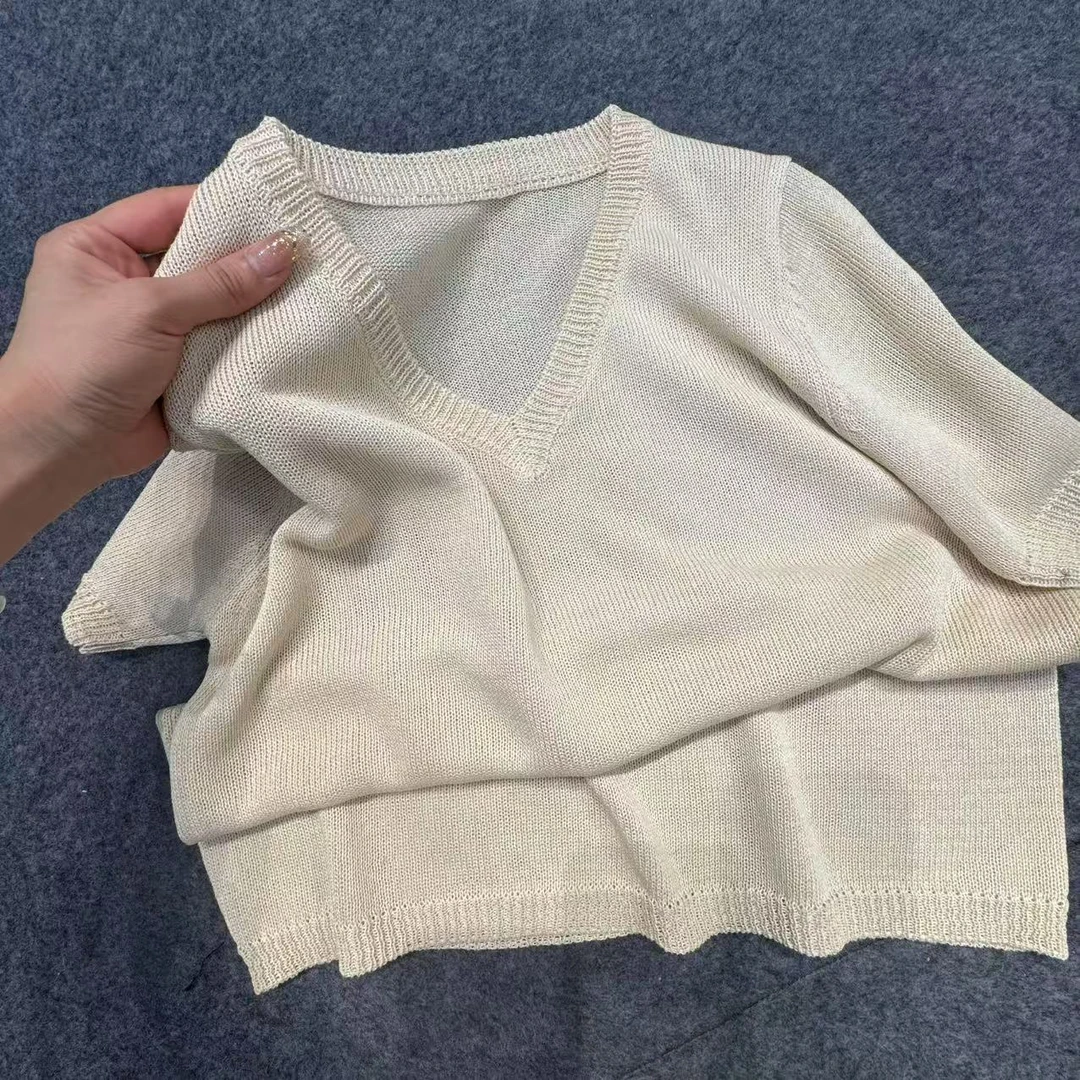 【大麦运费补贴】和纸纱~2025夏季韩版时尚V领短袖针织衫短袖