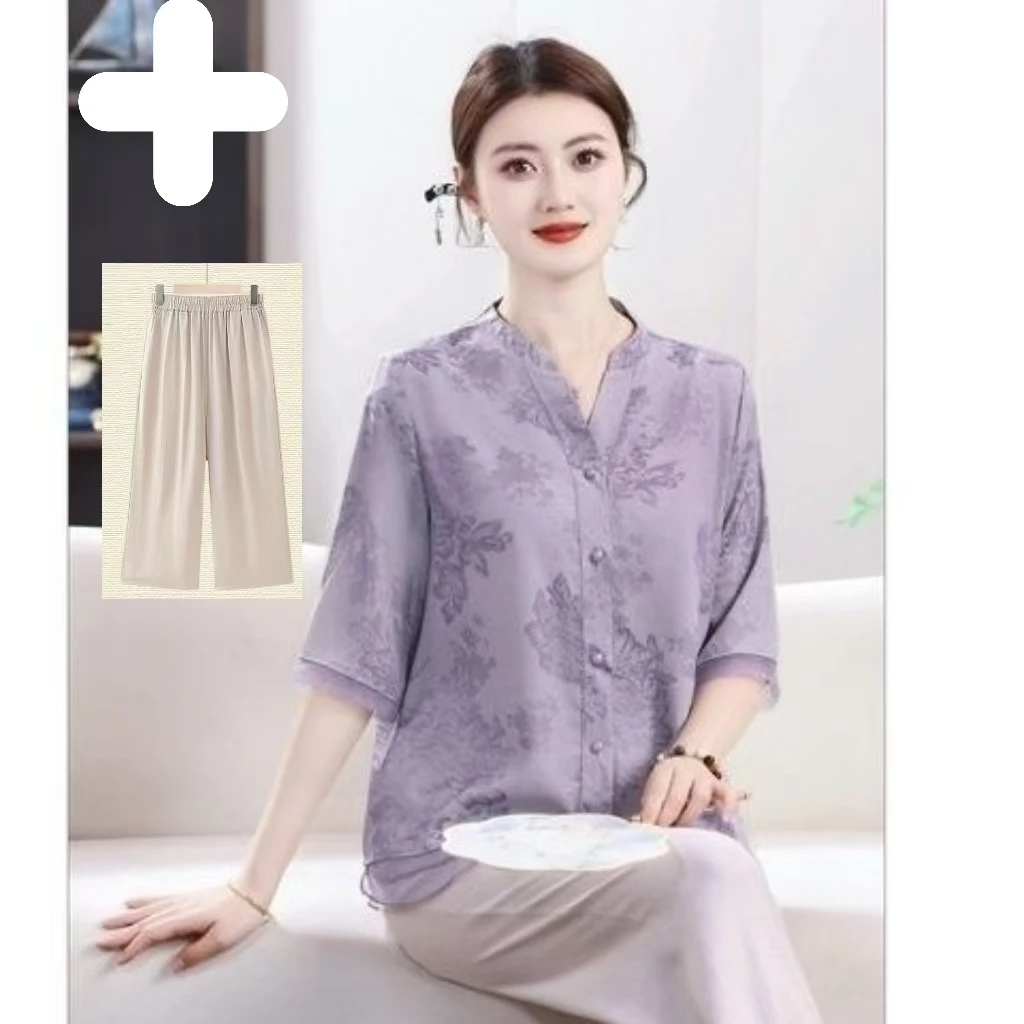 9947-上衣新款洋气中式中老年夏季女装宽松洋气开衫套装【新仓库】