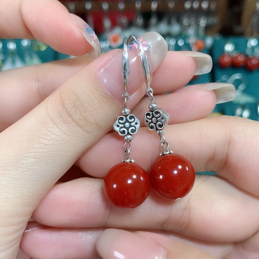 玛瑙/玉髓耳饰银S925镶嵌天然红玛瑙12mm左右（锦红）