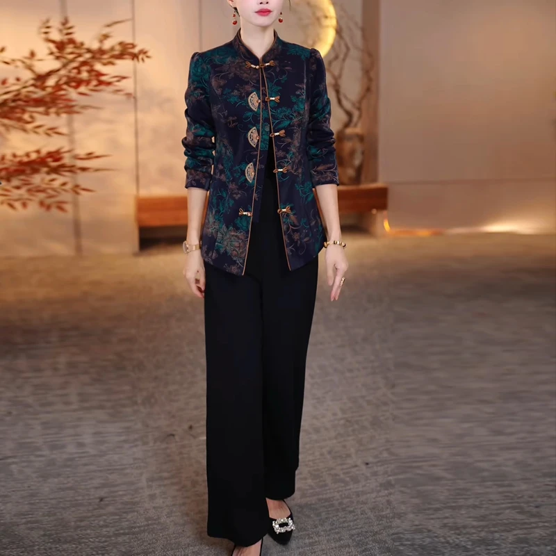 琉璃精纺两件套2025秋季新款国风气质妈妈显瘦新中式外套裤子套装