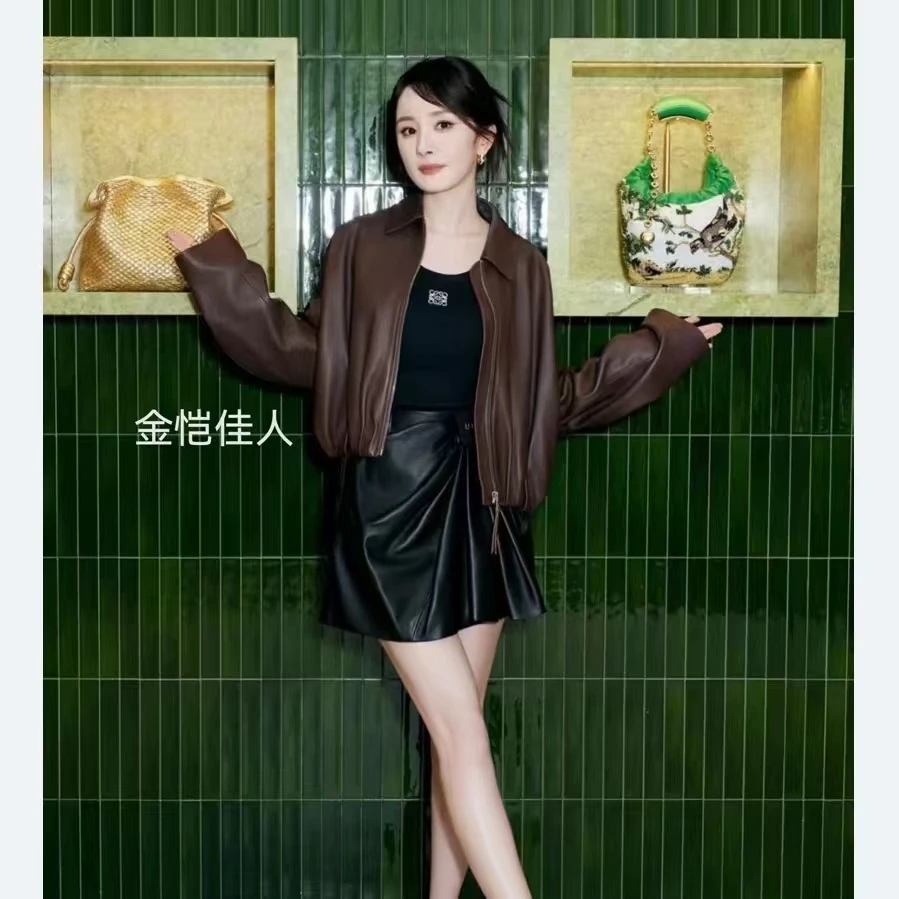 金恺佳人欧洲潮杨幂同款真皮羊皮衣外套女短款外套新复古翻领夹克