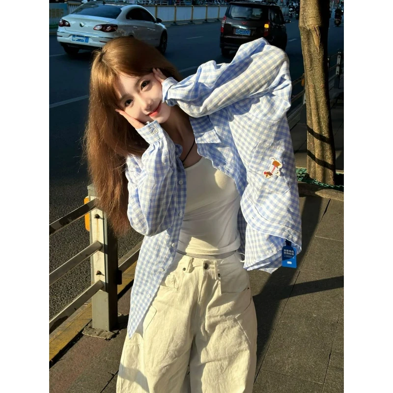 黎帮主 韩系蓝色格子刺绣腊肠狗长袖衬衫女秋季新款百搭宽松上衣