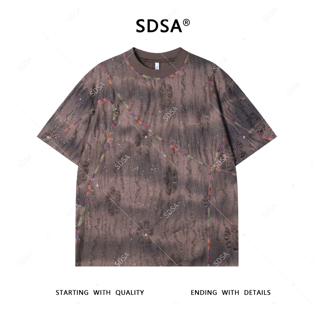 夏季高级感新款男士美式满天星磨破缝线短袖T恤复古百搭圆领上衣