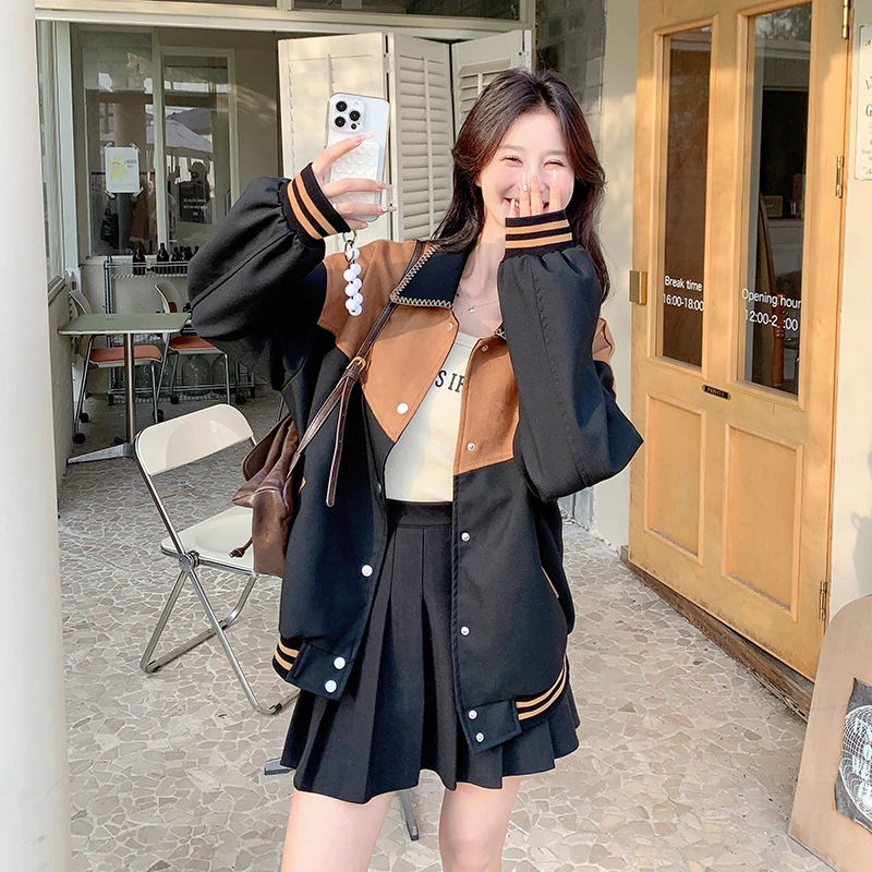 撞色设计麂皮绒工装棒球服外套女秋季学院风独特设计感小个子爆款