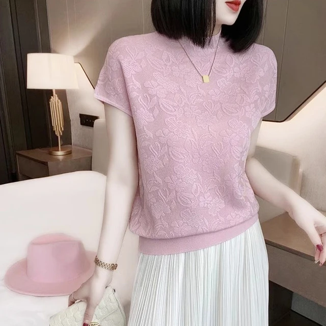 时髦高级感提花冰丝针织衫夏季休闲百搭显瘦打底衫柔软套头上衣女