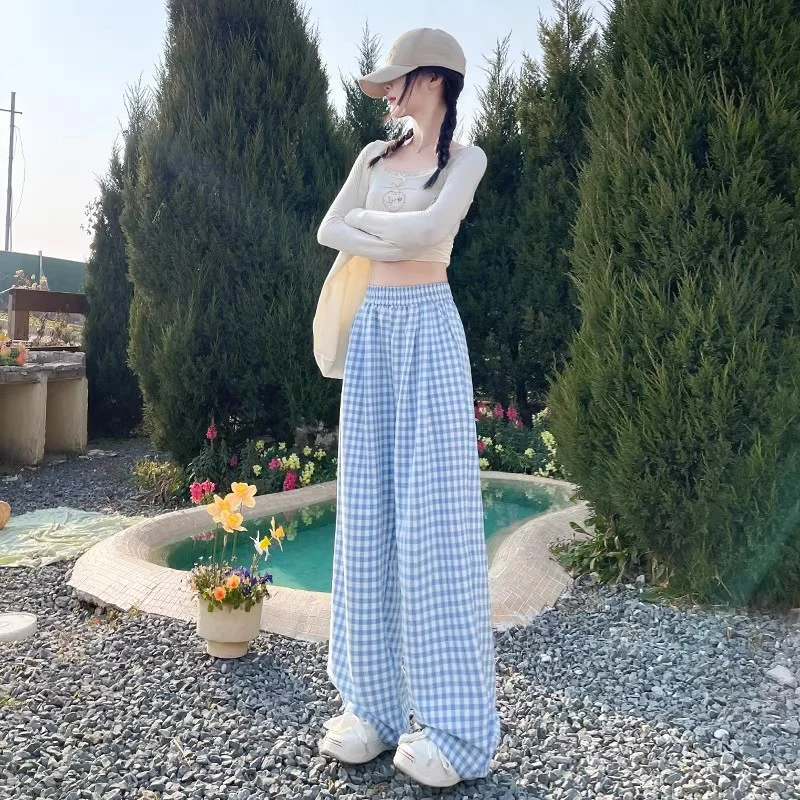 复古蓝色冰丝格子裤女2025新款高腰垂感拖地遛弯裤直筒阔腿休闲裤