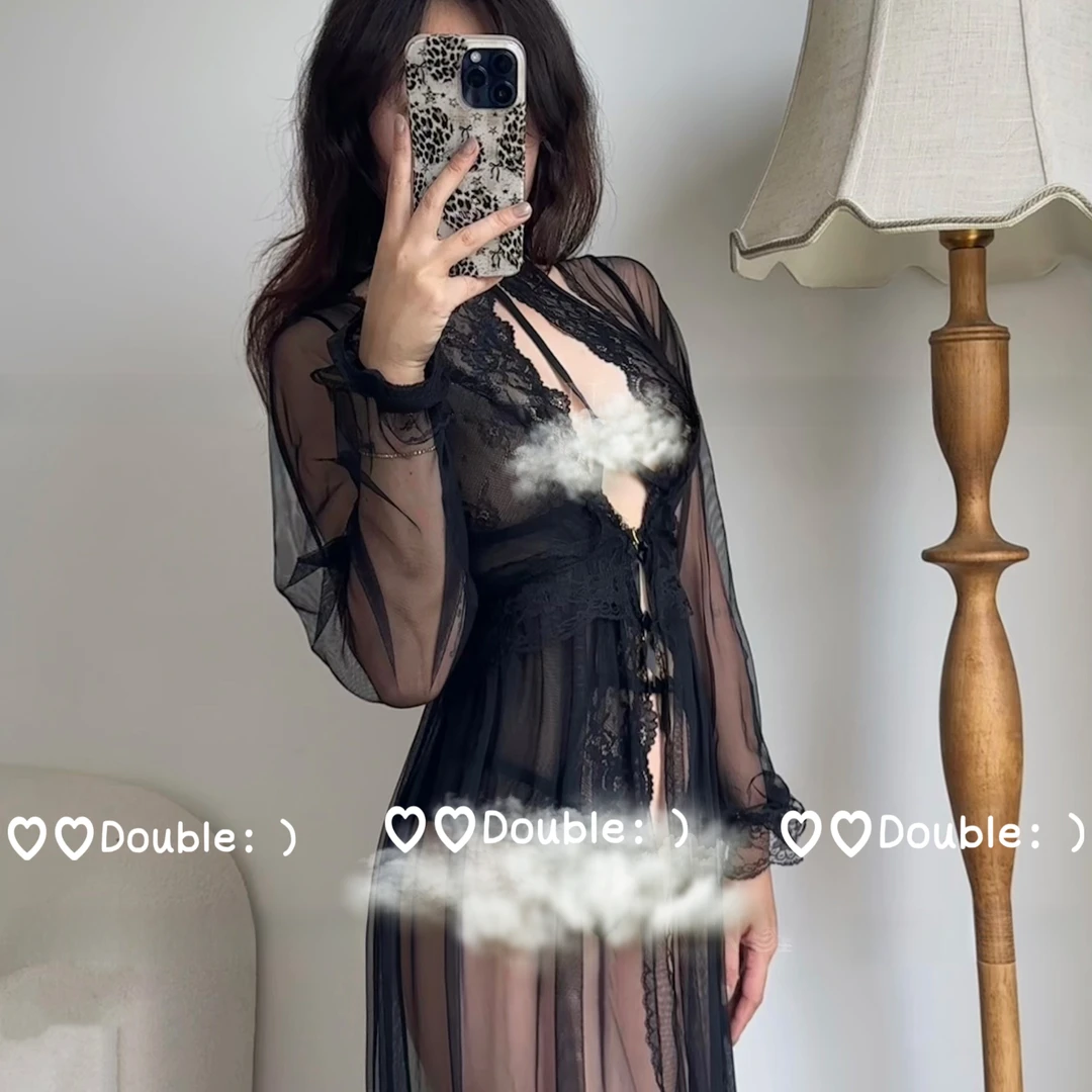 心动Double*黑魔法*超美蕾丝挂脖绑带性感睡衣外袍