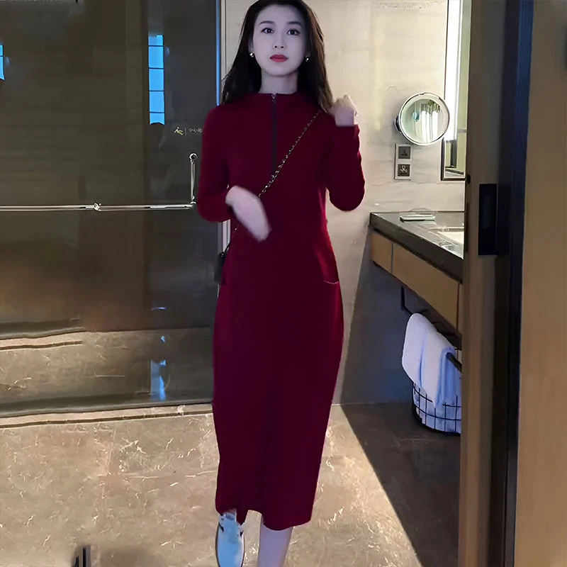 韩系气质长袖半拉链修身连衣裙女2025新款夏季时髦今年流行裙子女