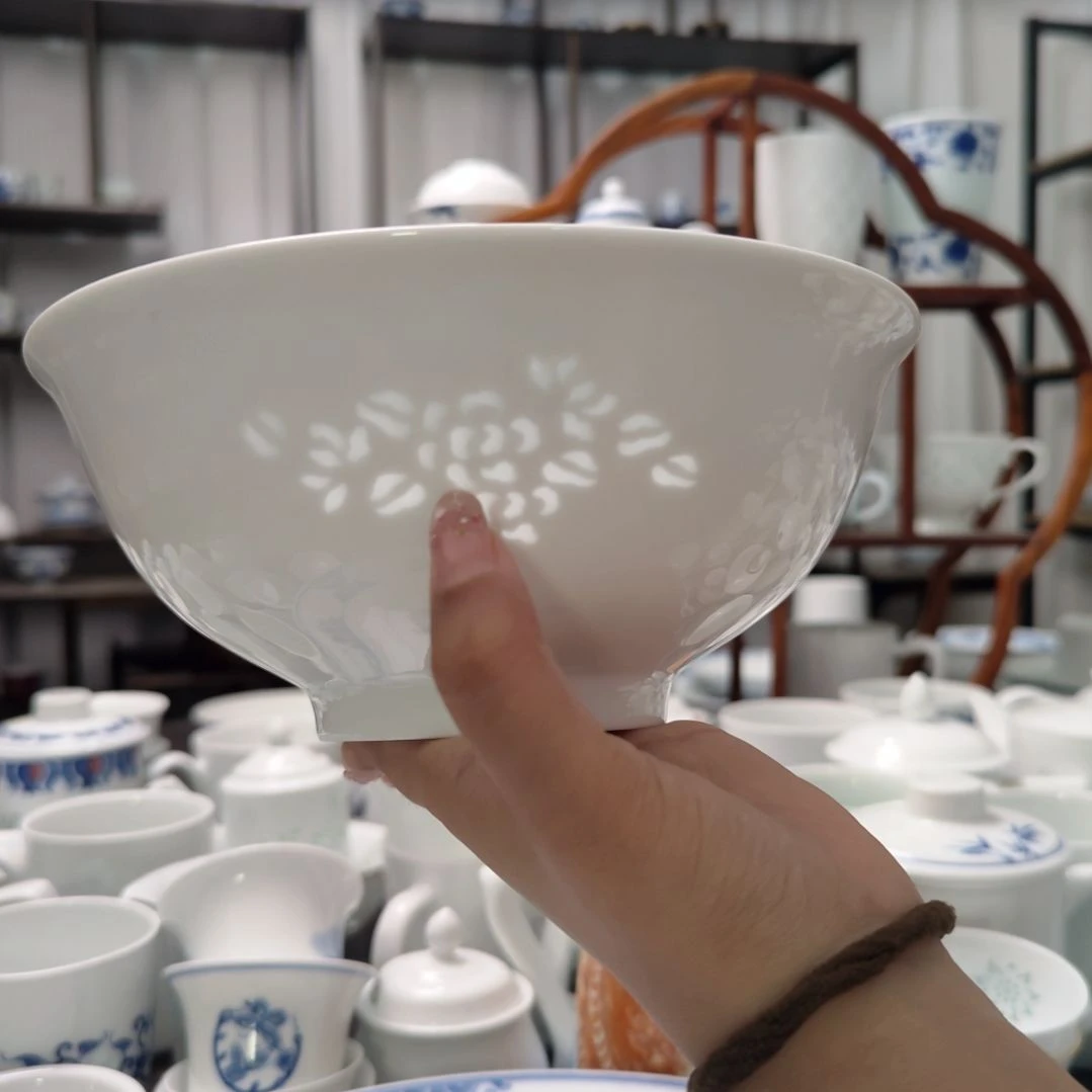 瓷玉牡丹8寸高汤碗两只装