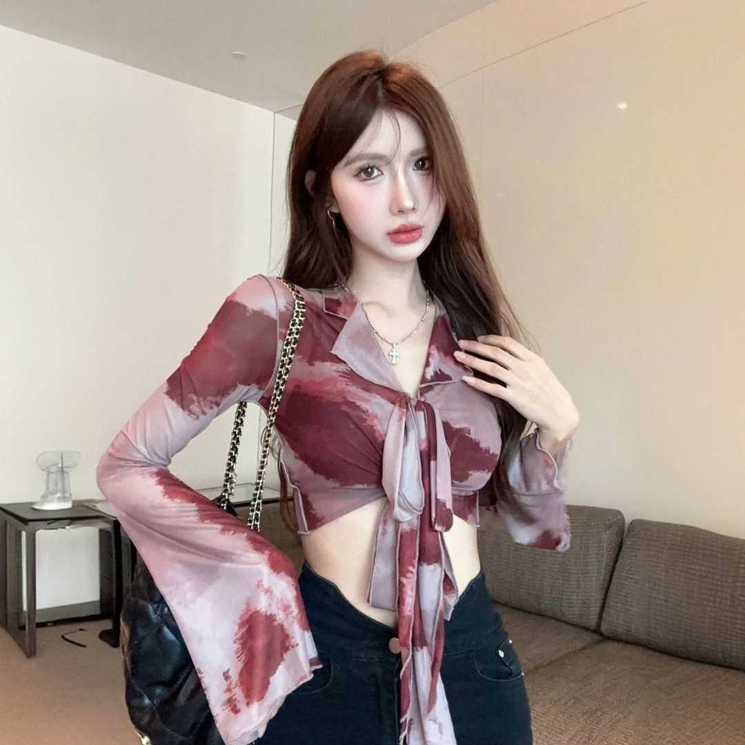 性感纯欲风网纱印花长袖V领绑带修身显瘦衬衫上衣防晒短款罩衫女