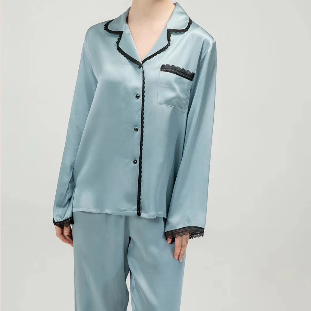 真丝睡衣女 黑色蕾丝花边高级感100桑蚕丝绸春夏季家居服套装