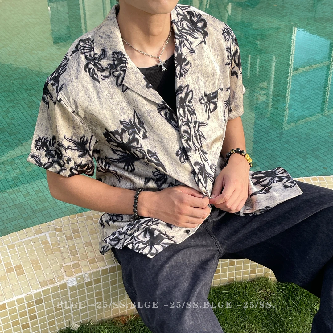 BLGE「天丝混纺 80支休闲提花」冰丝短袖衬衫男设计感小众翻领衬衣