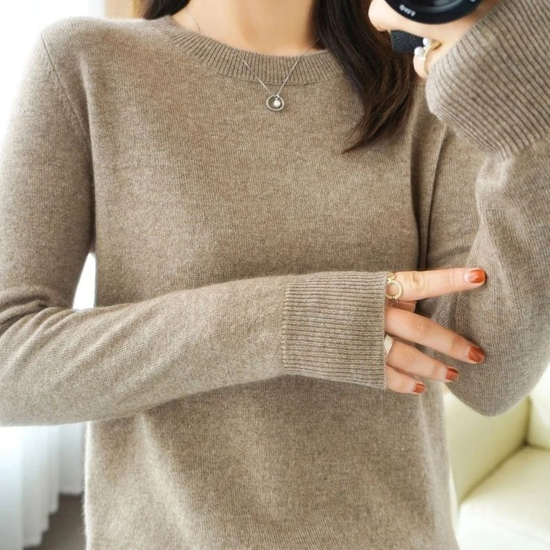 2025春季新款100%毛衫低圆领纯色长袖毛衫这只是宽松显瘦