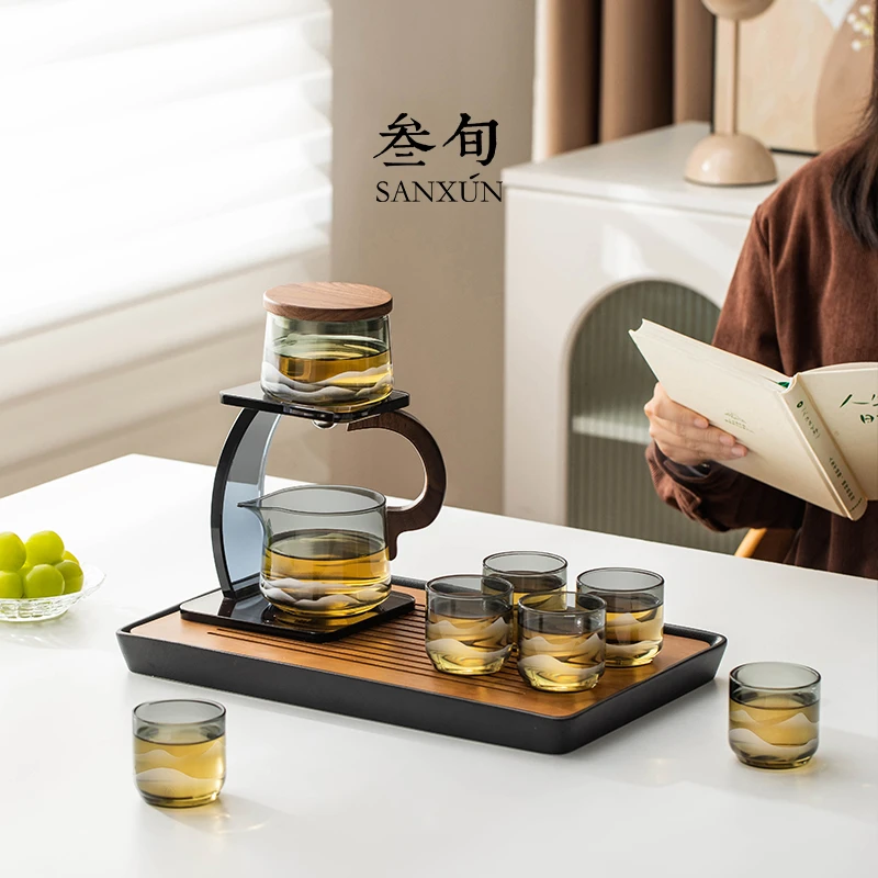 叁旬无争磁吸自动玻璃功夫茶具套装高档轻奢茶壶茶杯懒人泡茶礼盒