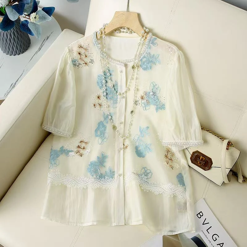 X白月光  圆领新中式文艺刺绣夏季重工短袖上衣