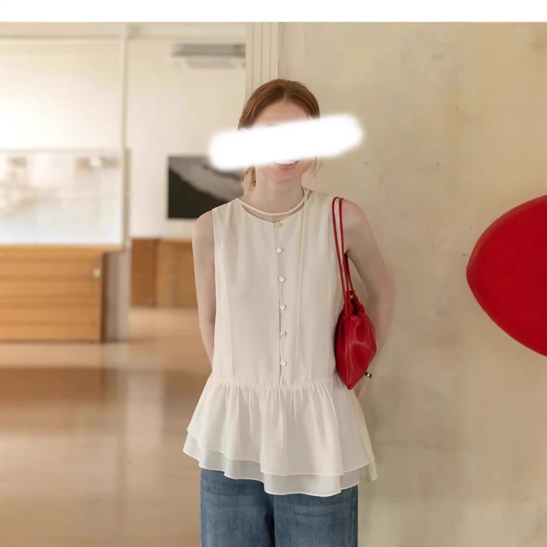 【简知】2025新款正反两穿无袖衬衫女夏季双层下摆设计T恤女 357