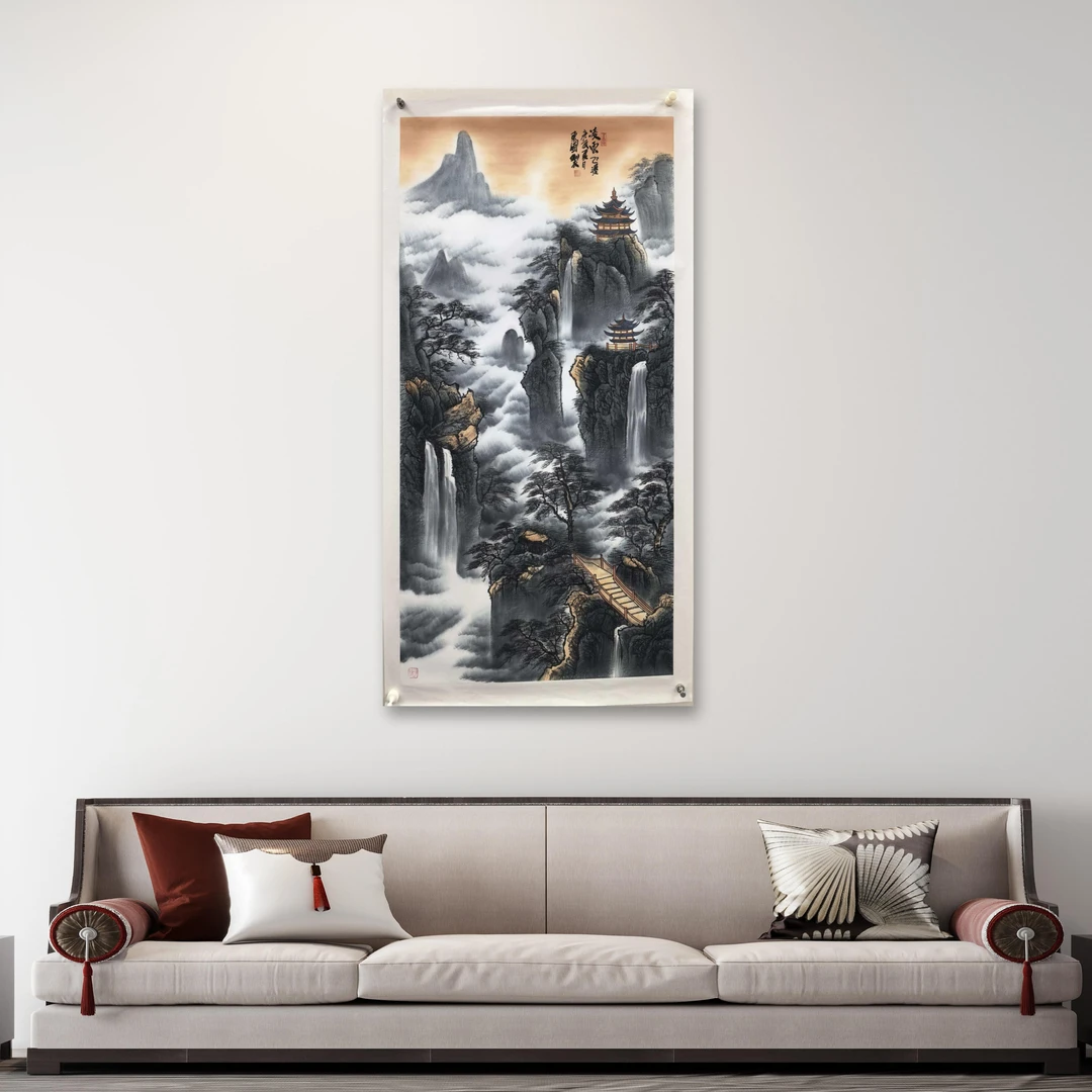 王东圃-手绘国画-8平尺-左云右亭子-客厅办公室挂画
