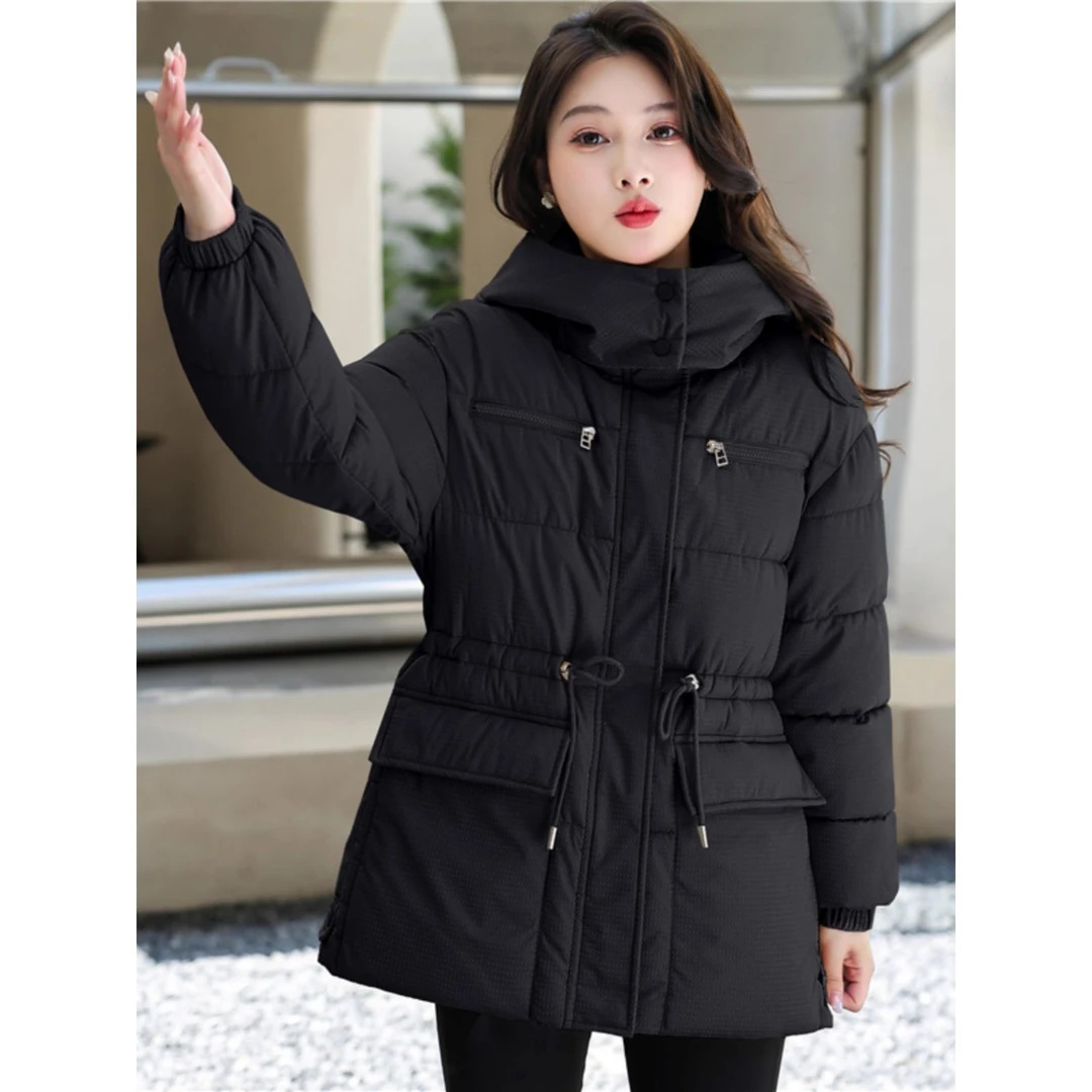 高端棉衣女中长款2025冬季新款宽松加厚抽绳收腰休闲连帽保暖外套