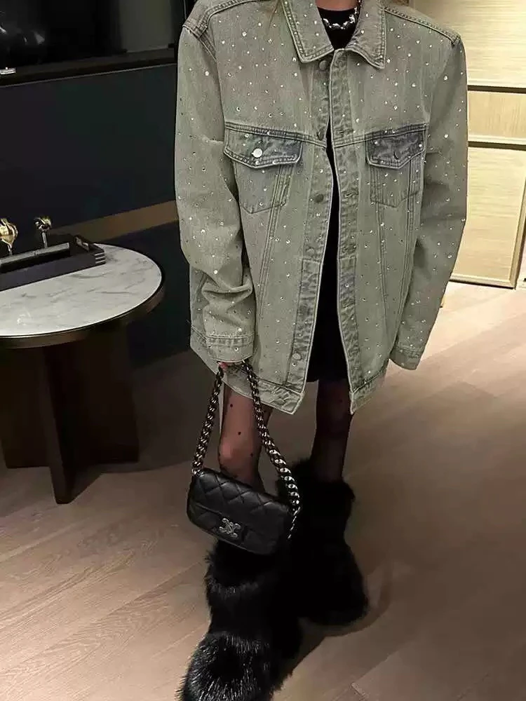 短外套中长款衬衫袖女潮流春秋重工烫钻秋季上衣外套休闲常规