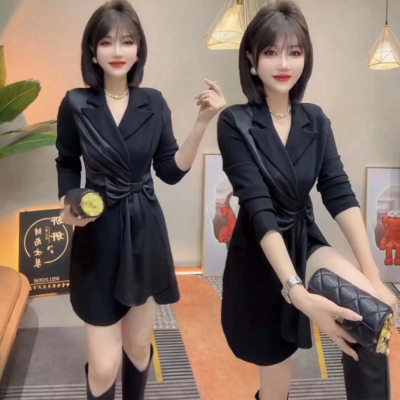 气质网红春季显瘦长袖中长款百搭时尚洋气韩版时尚洋气减龄西装领