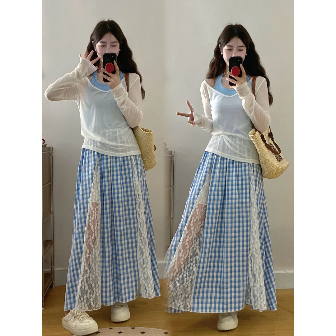 大码女装白色罩衫T恤挂脖背心套装蕾丝拼接格子半裙小清新三件套