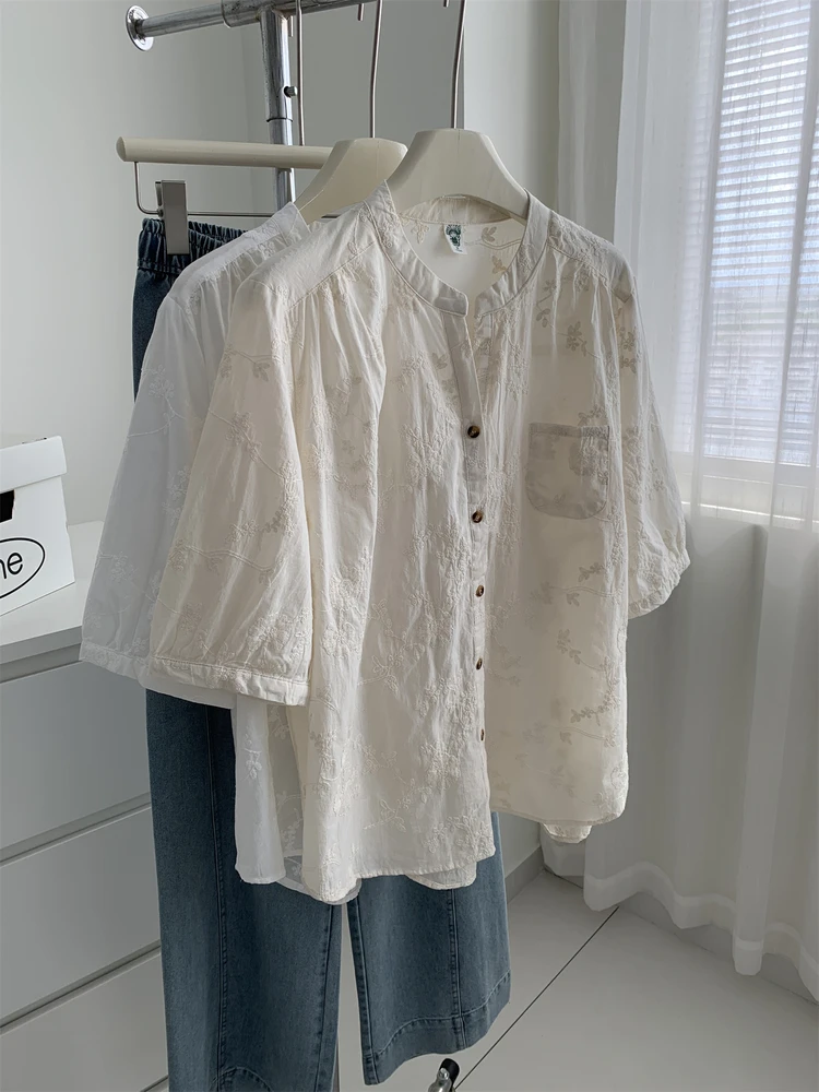 复古提花刺绣剪刀领半袖衬衫女减龄韩版纯棉口袋短袖衬衣2025夏款