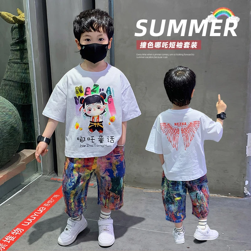 哪吒衣服2025新款夏季男童套装宝宝夏装洋气时髦儿童短袖牛仔短裤