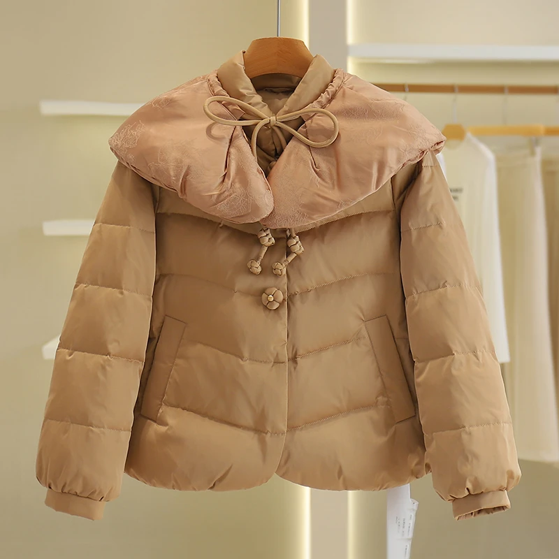 【伍莎-自营】娃娃领披肩纯色立领短款羽绒服#QTM48H044