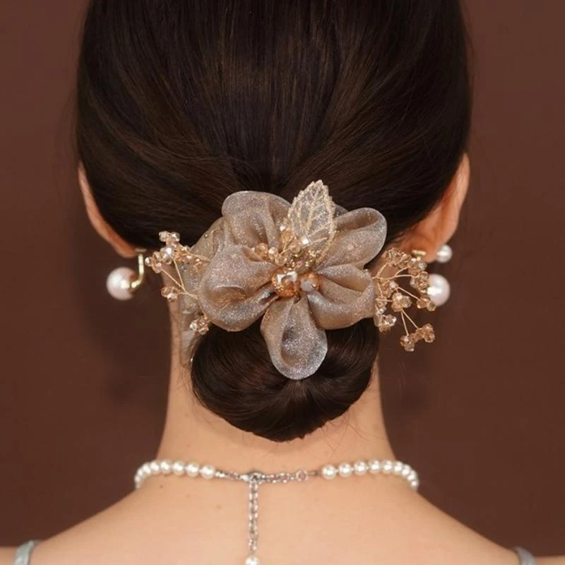 精致欧根纱米珠太阳花发圈头绳头花铂思亚饰品女扎头发高级感头饰