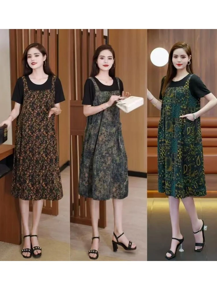 高级感宽松假两件短袖连衣裙女碎花2025夏季新款小个子显瘦减龄