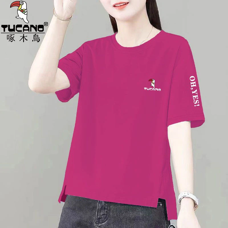 啄木鸟纯棉洋气减龄印花上衣时尚显瘦大码休闲百搭韩版宽松圆领女