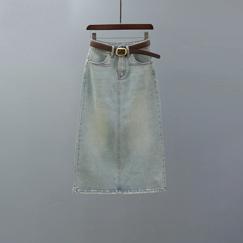 复古浅蓝色高腰牛仔半身裙女2025夏季新款欧货中长款包臀A字裙子