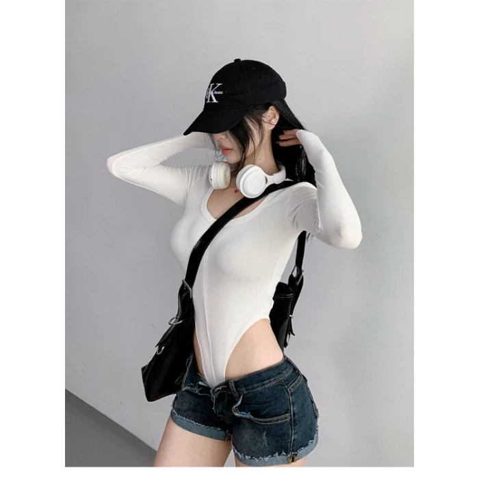 美式辣妹风性感U领拉链开口打底衫女秋弹力紧身长袖纯色连体衣T恤