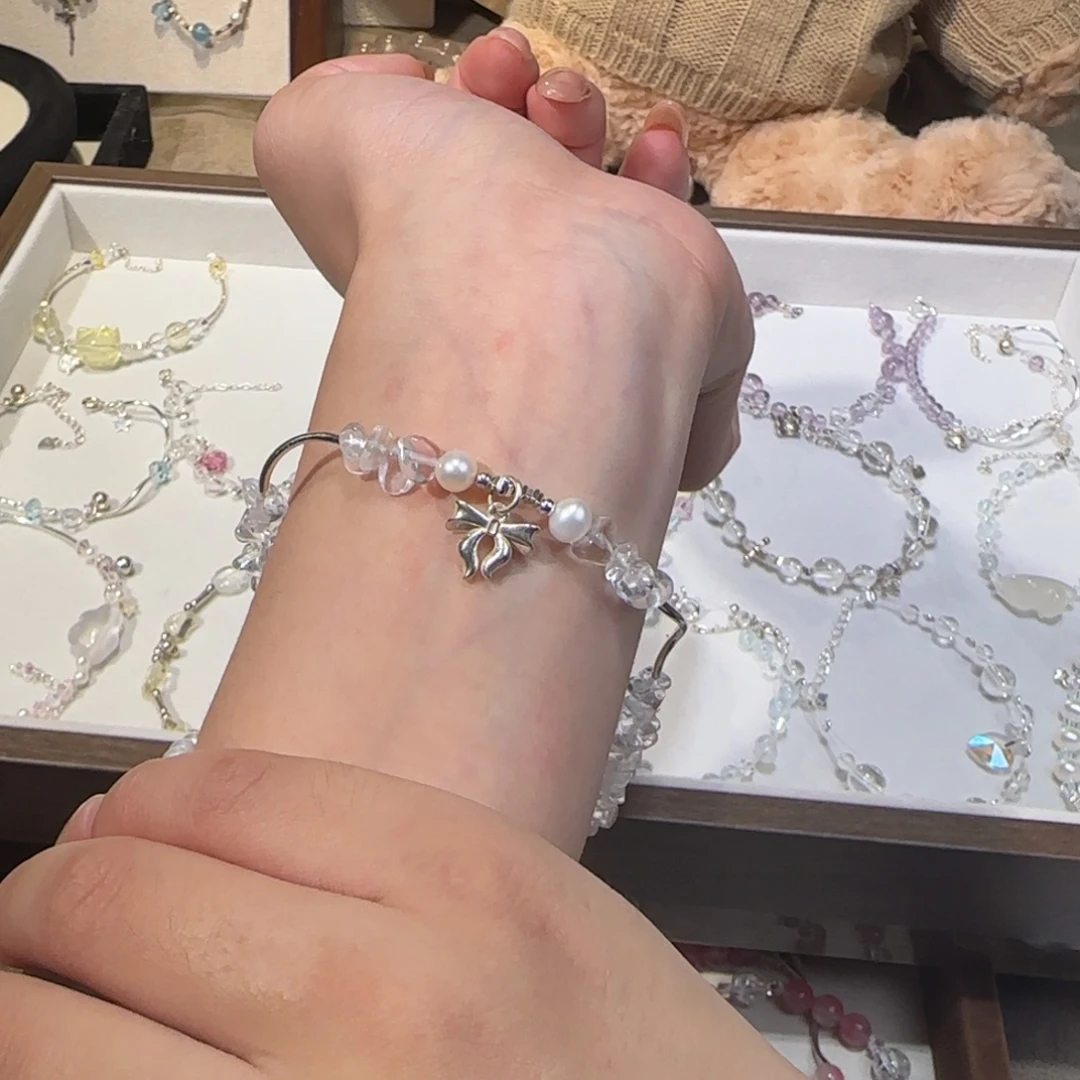 手链烟晶银S925镶嵌白水晶碎石蝴蝶结