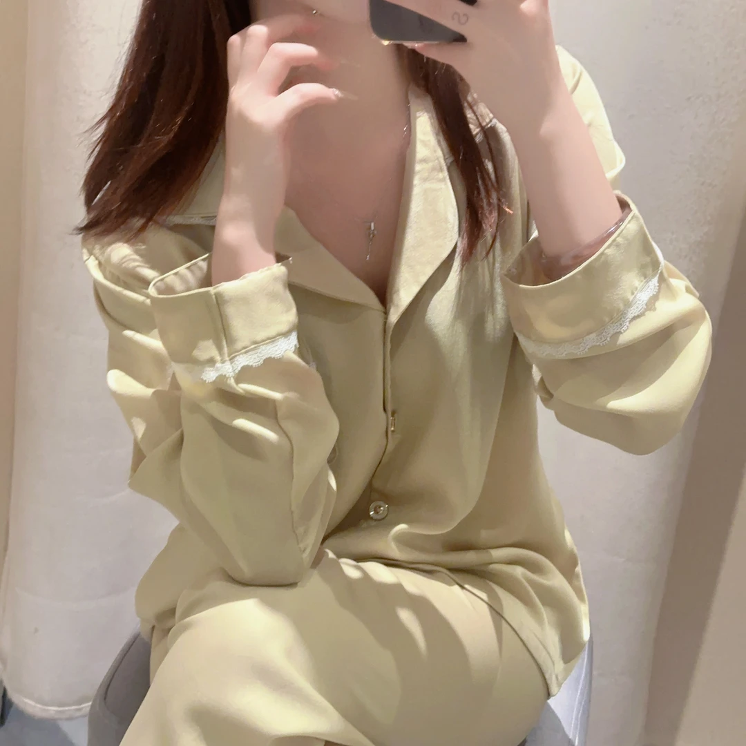 春夏新款带杯垫蕾丝边纯色高级感牛奶丝长袖长裤睡衣透气套装1848