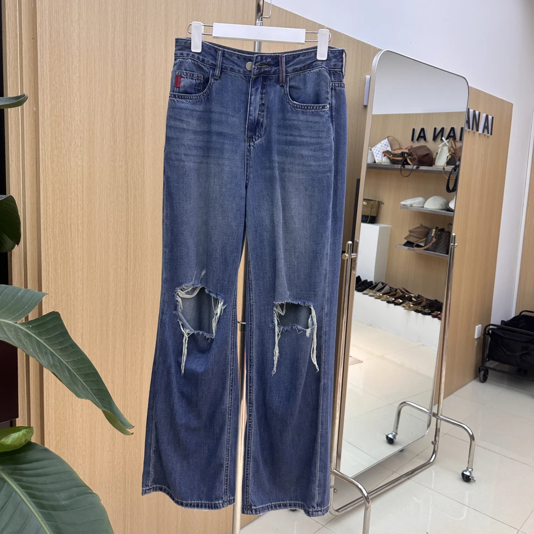 【海南简爱】水洗做旧膝盖下破洞中腰直筒牛仔裤05539