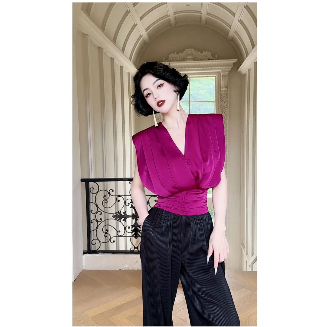 LYXJ【弗洛伊咖豹】高级雪纺缎面老钱小众设计感夏季气质上衣12070