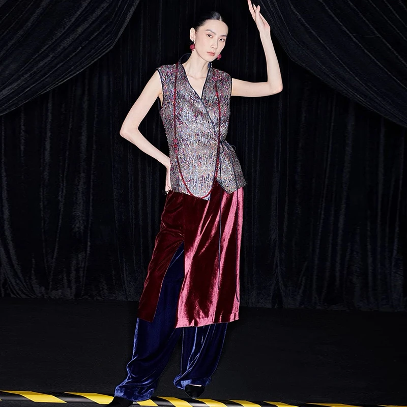 M essential 马 凯耀夜绣布修身偏襟百搭国风马甲