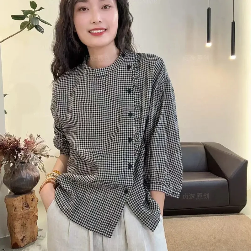 D182-夏季百搭上衣七分袖防晒常规复古休闲文艺复古衬衫