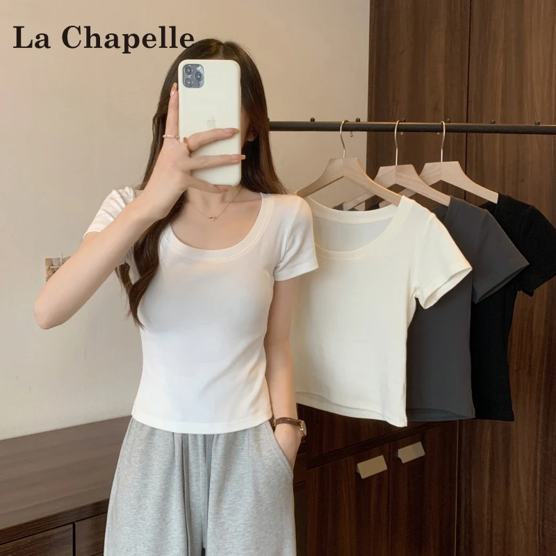 La Chapelle/拉夏贝尔修身圆领t恤女装纯欲风正肩显瘦百搭t恤上衣