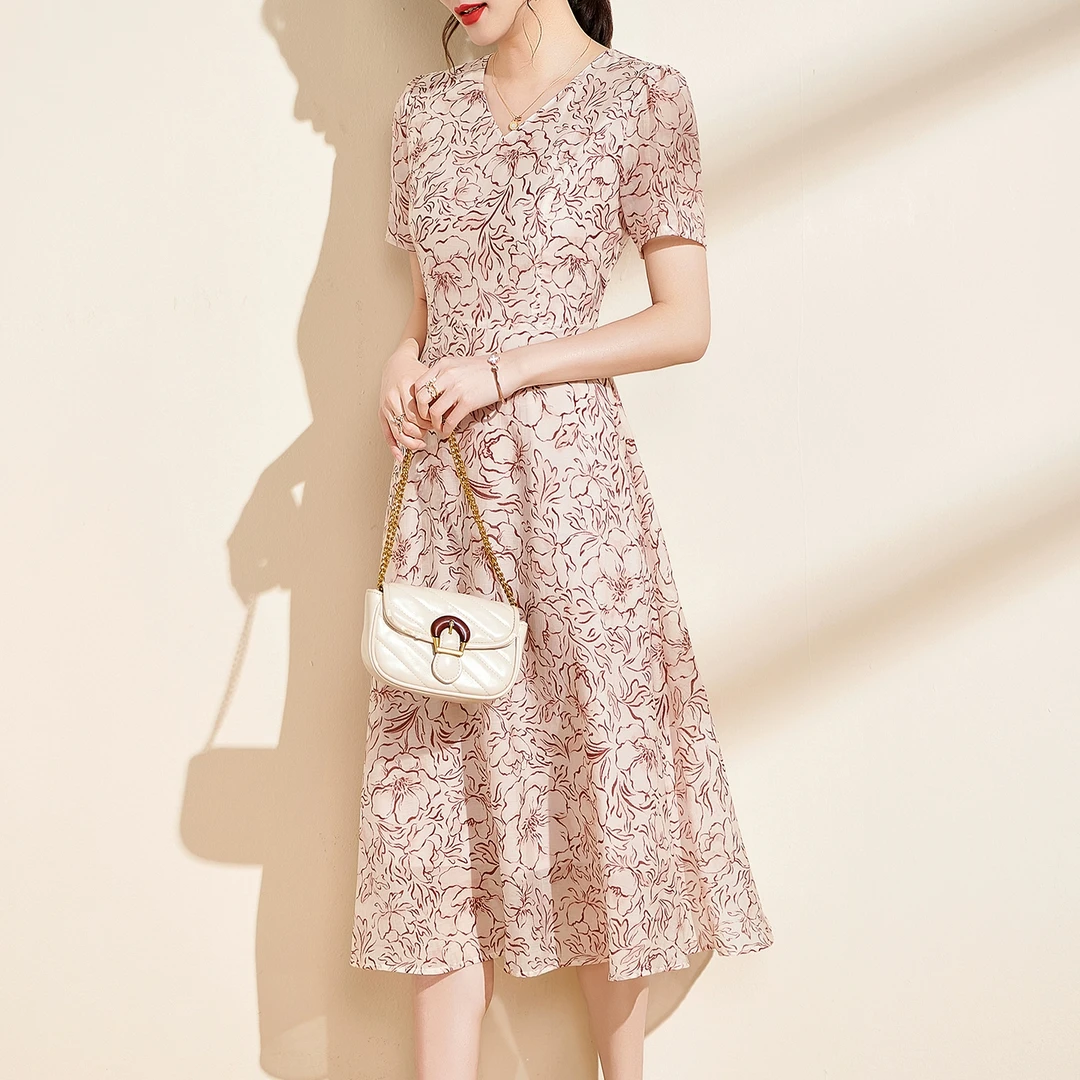 优雅百搭v领漂亮印花连衣裙女夏2025年新款显瘦中长款短袖a字裙
