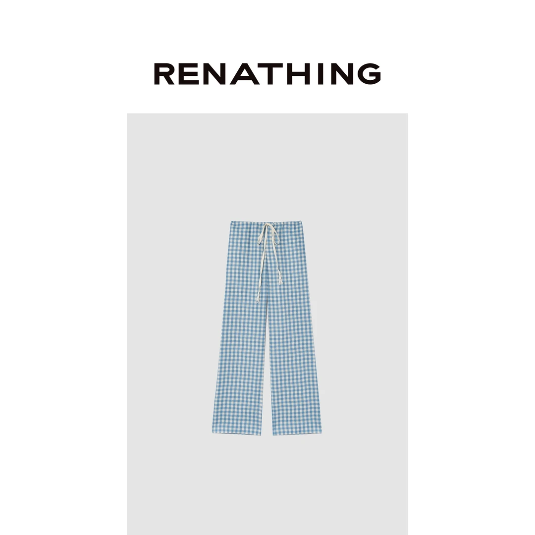 【RENATHING】柔软格纹抽绳休闲裤