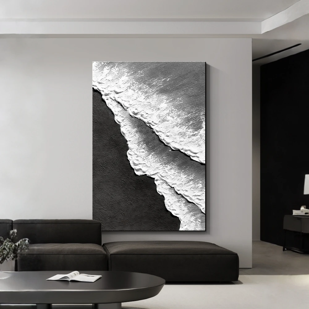 现代简约客厅装饰画黑白海浪抽象沙发背景墙挂画高级感肌理落地画